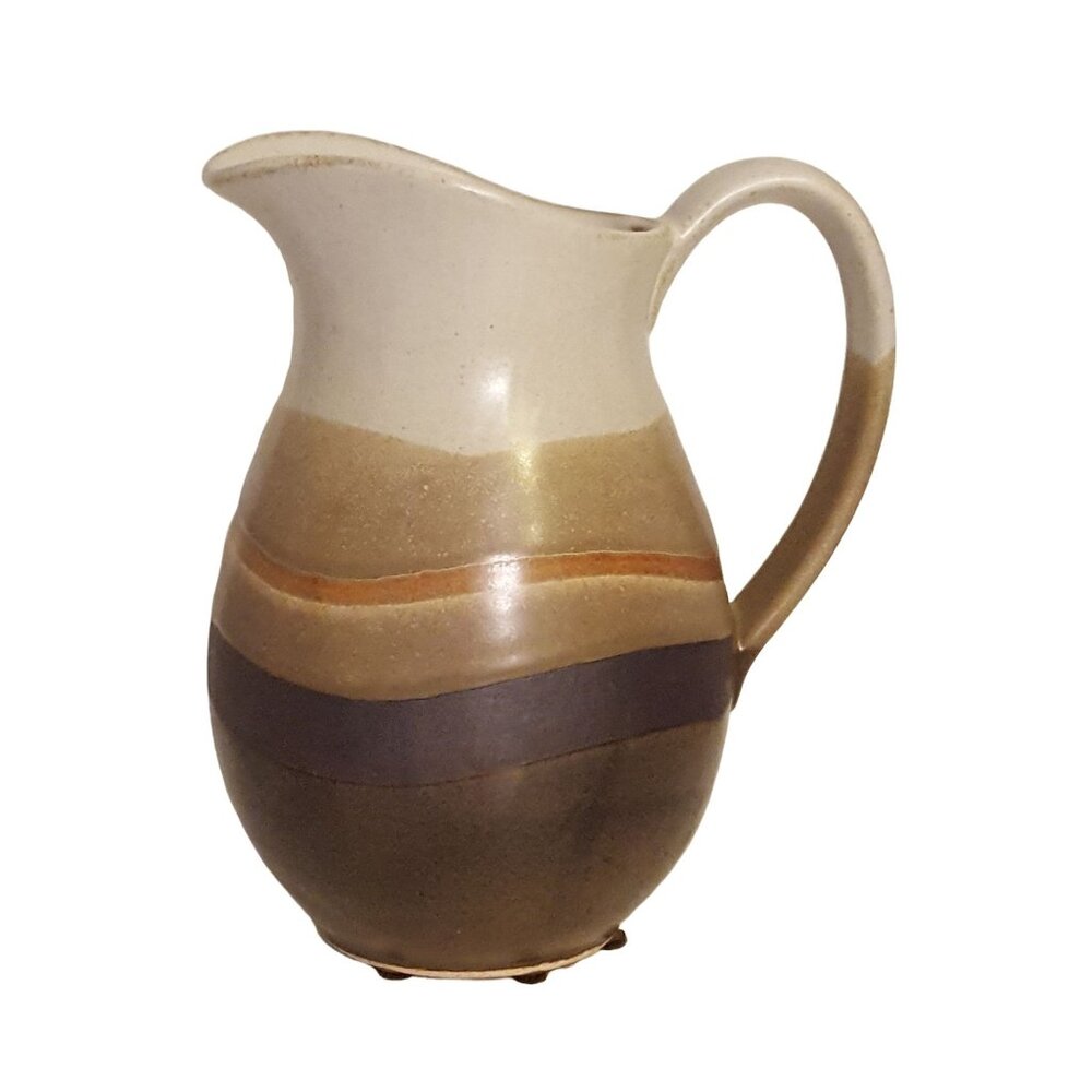 OTAGIRI Vintage Pitcher 8" Tall Japan Handcrafted Stoneware Brown Cream Stripe